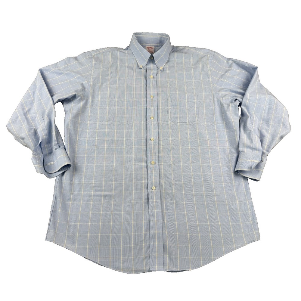 Brooks Brothers Men's Dress Shirt 16.5 34 Blue Yellow Check Madison Non Iron